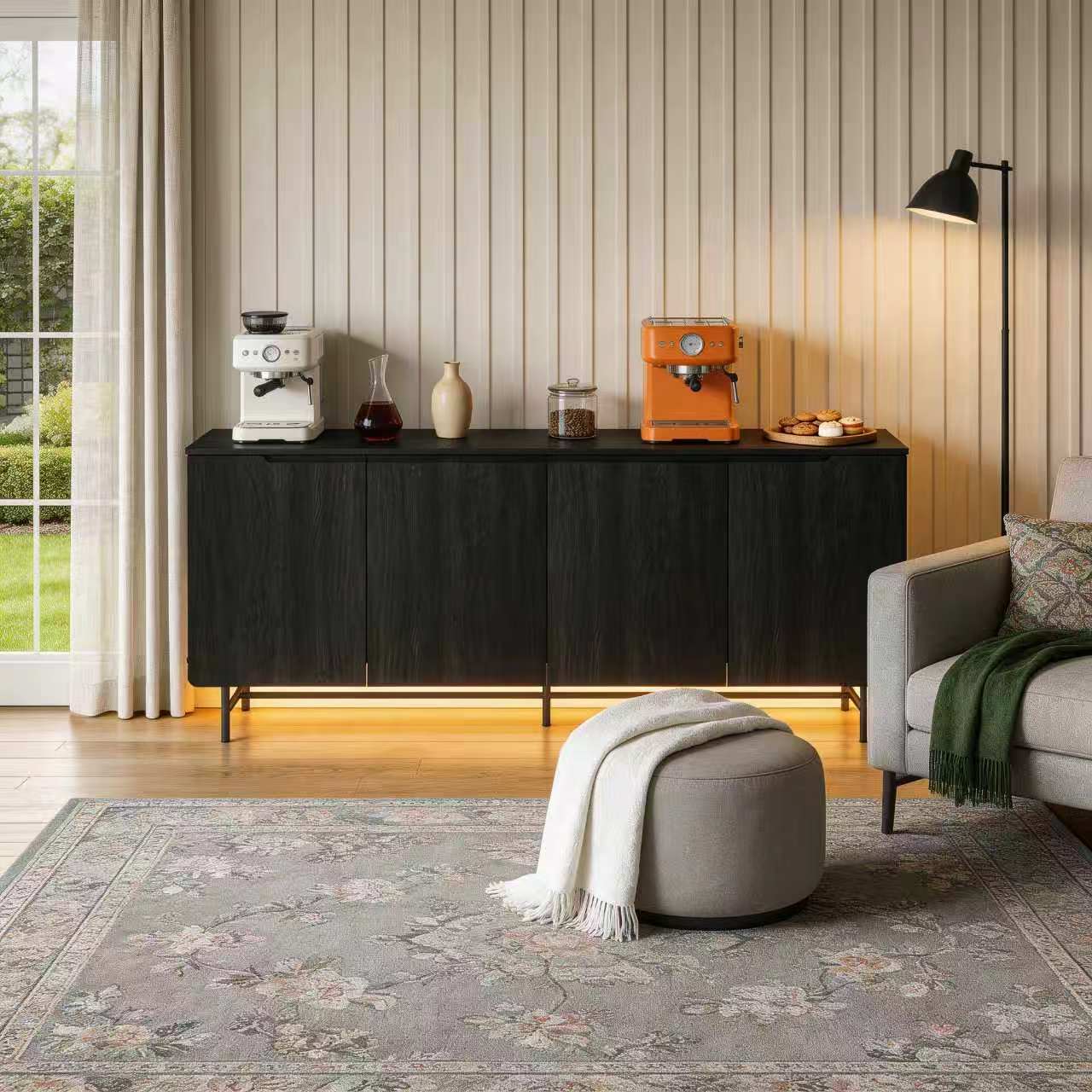 Credenza Office Storage - 68인치 대형 플루트형 사이드보드 캐비닛, 나무
