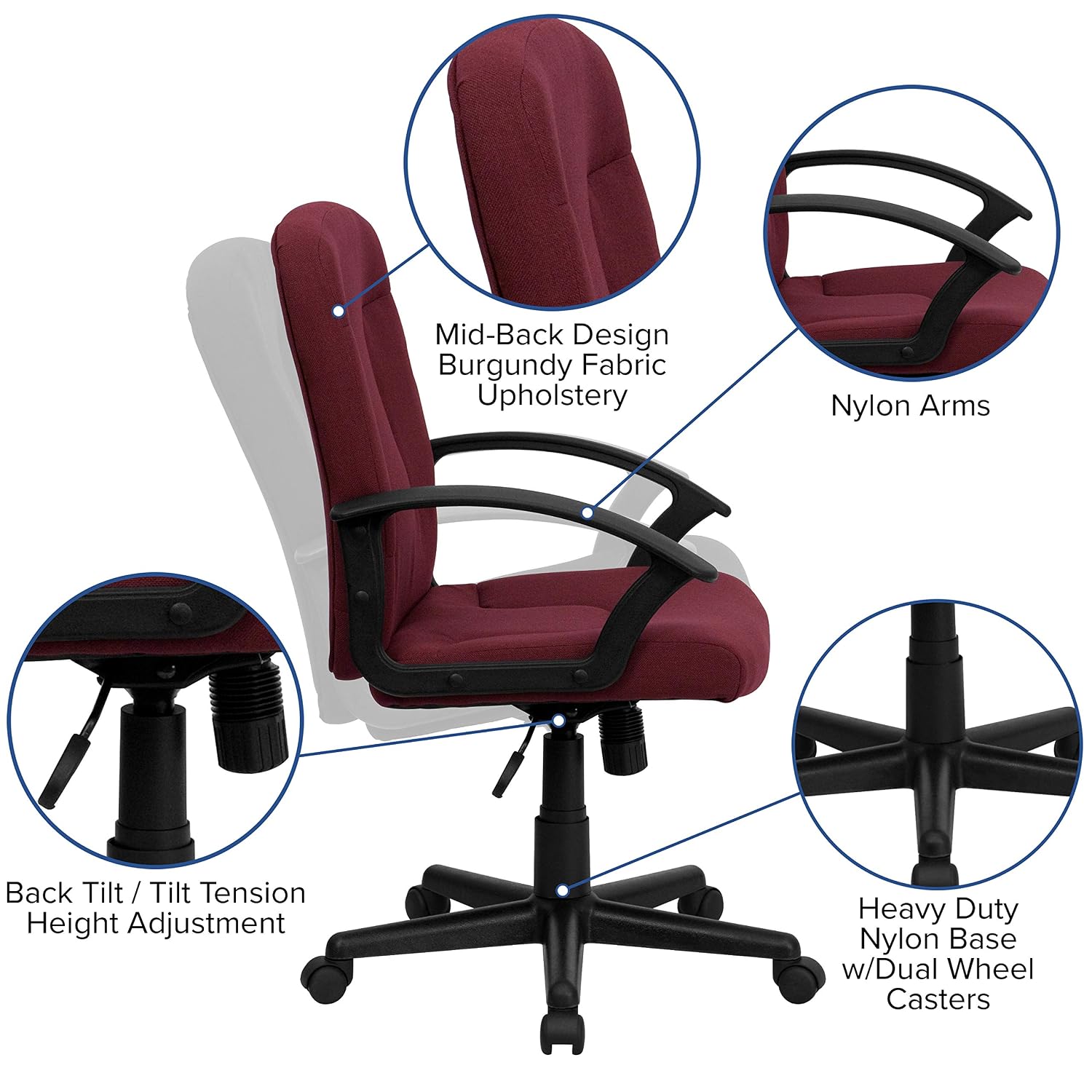 미드백 버건디 패브릭 사무용 의자 인체공학적 회전식 작 - Task Chair Mid Back 리뷰 및 가격